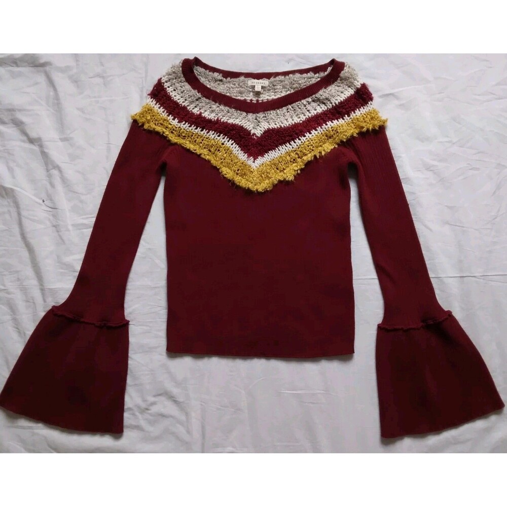 En Creme Anthopologie Sweater Burgundy Knit Crochet Neck Bell Sleeve Boho Size L